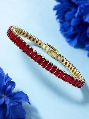 Gold Tennis Bracelet with Red Baguette Stones